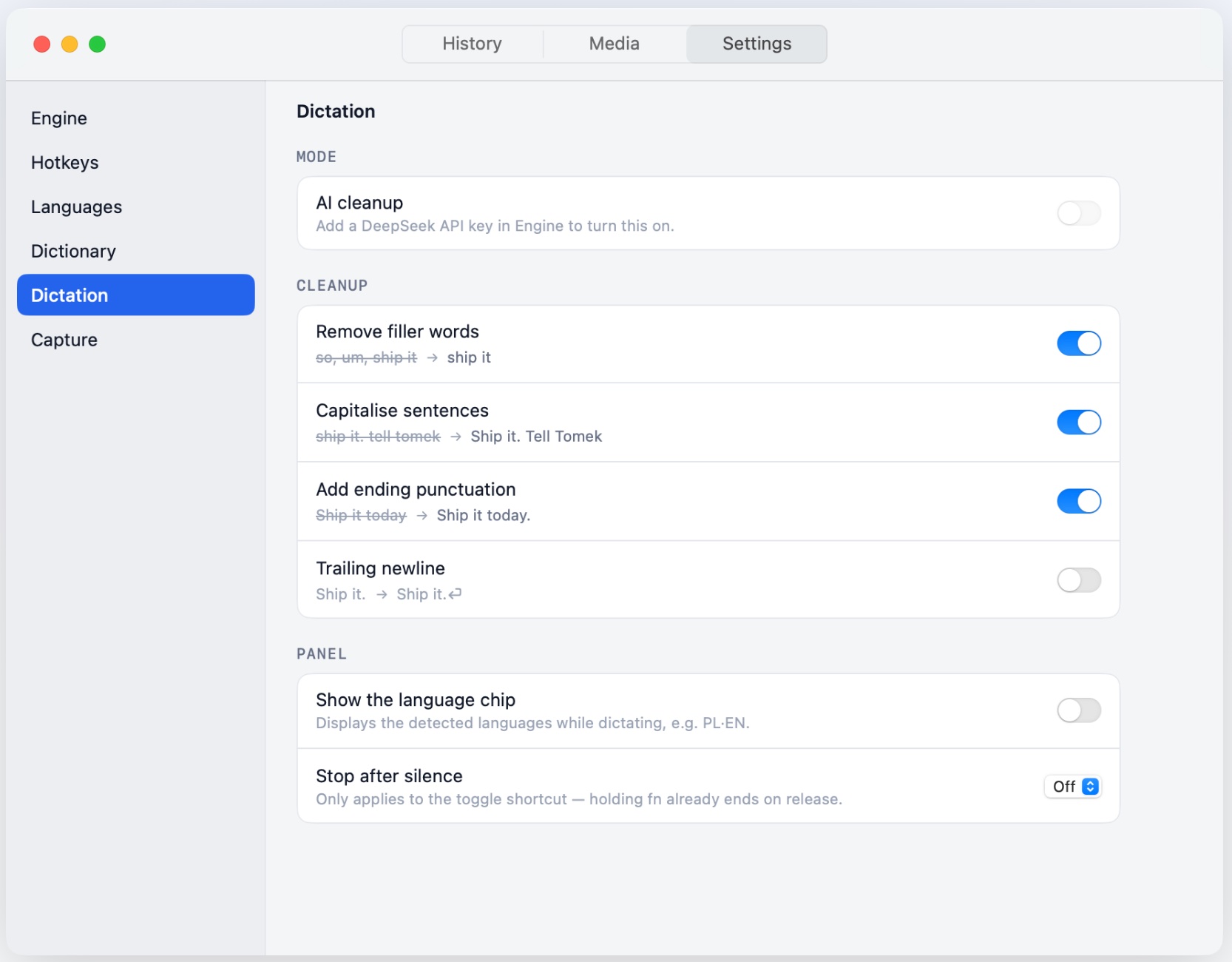 Szept settings, Dictation tab: AI cleanup, filler words, capitalisation and punctuation.