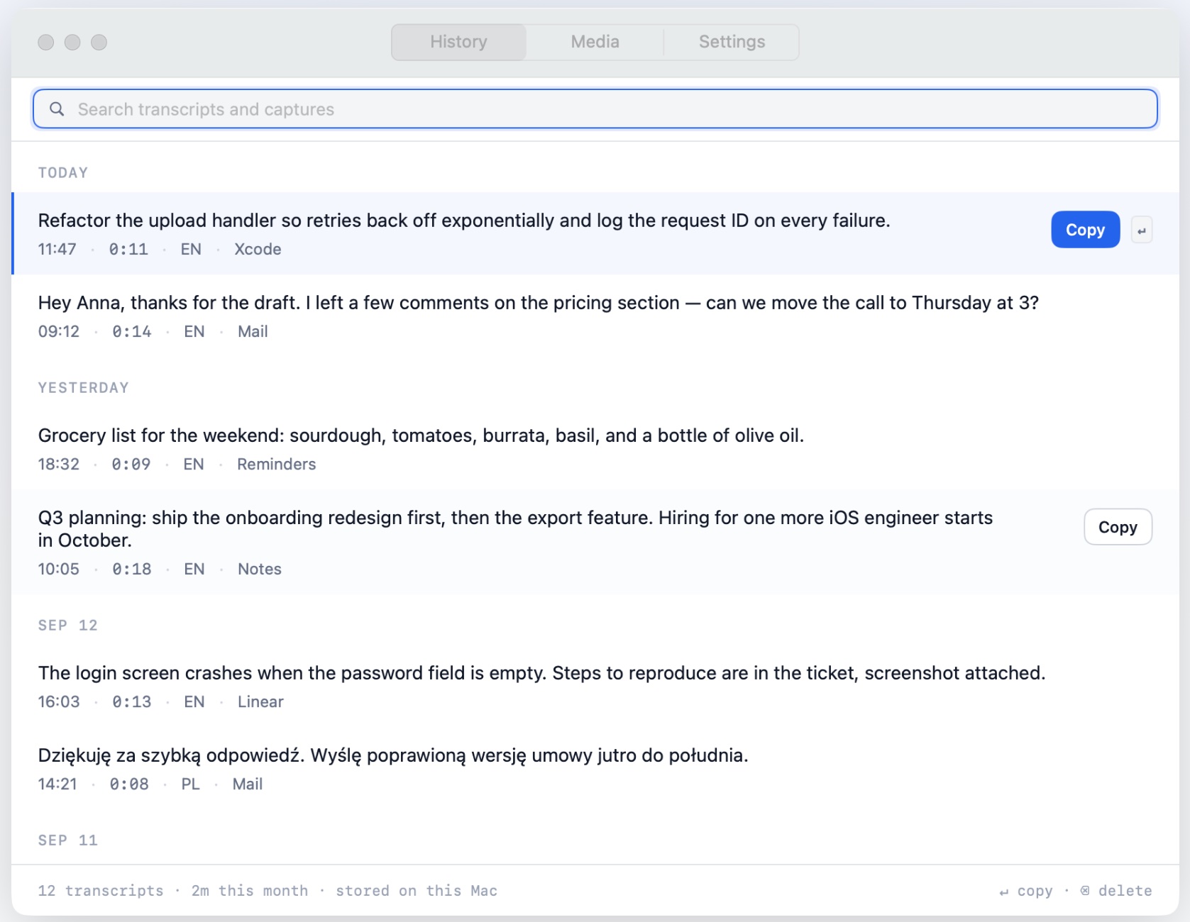 Szept history: every dictation kept on your Mac, searchable, in any language.