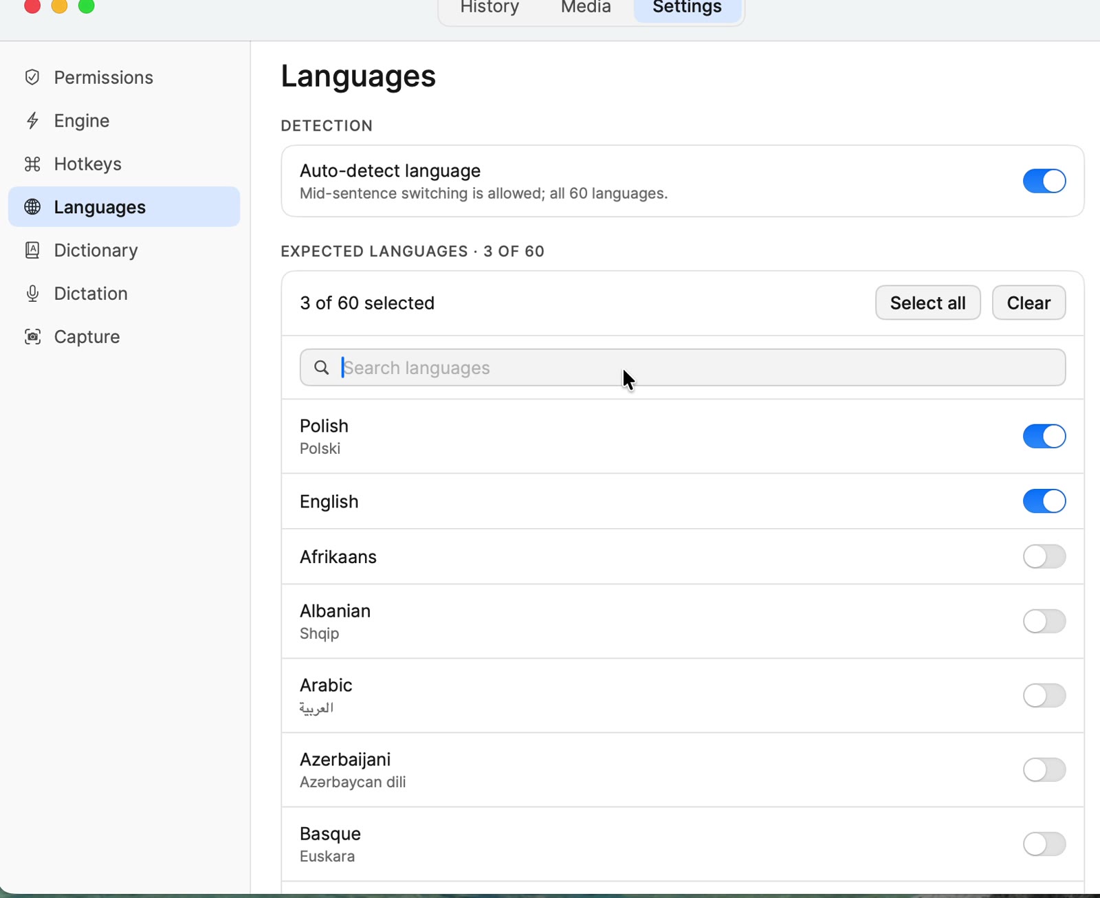 Szept language settings: auto-detect, with Polish, English and German enabled.
